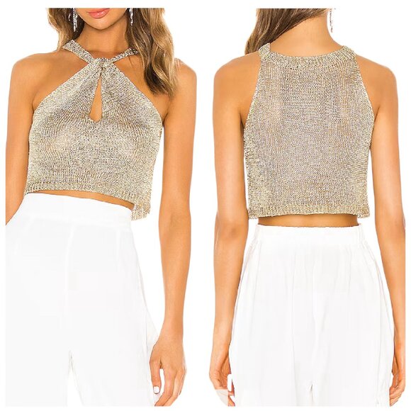 Superdown Marianna Metallic Knit Halter Top Gold XS Keyhole Front - Picture 1 of 6